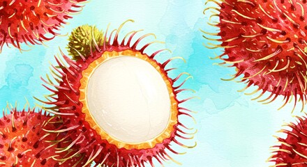 Ripe rambutan fruit with spiky skin on blue background  
