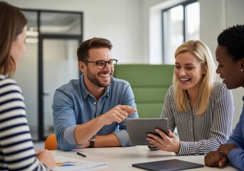 Obraz premium Business team looking at a tablet and discussing a project in the office