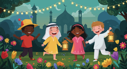 Enchanting eid celebration with joyous children amidst vibrant blooms and a mosque backdrop