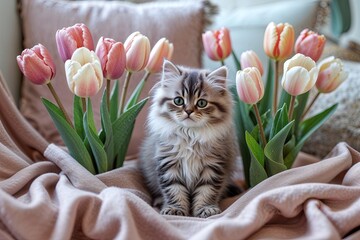 Charming Persian Kitten Surrounded by Colorful Tulips in a Cozy Summer Hideaway