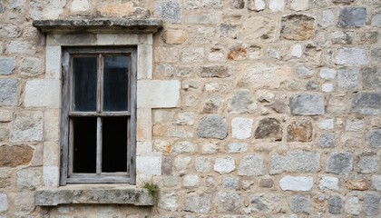 Vintage window framed by weathered stone wall shows rustic charm, timeless appeal. Old building exterior features aged wooden window frame, rough textured stone facade. Historic urban architecture