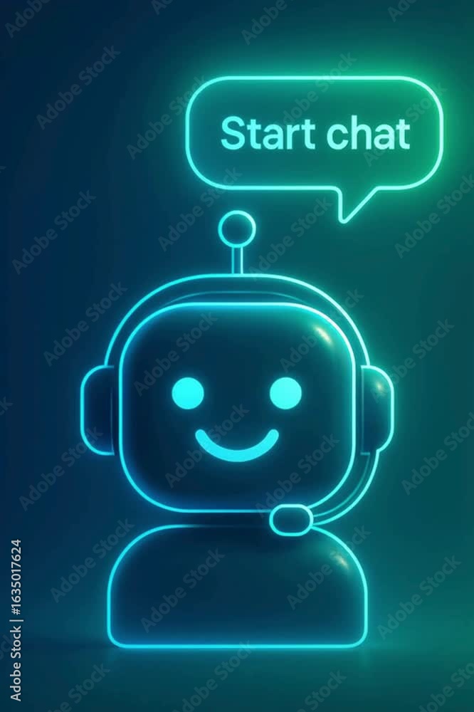 Poster a friendly virtual assistant with a speech bubble. the image features a digital avatar designed in a