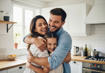 Fototapeta premium Happy family hugging in the kitchen with natural light and white cabinets
