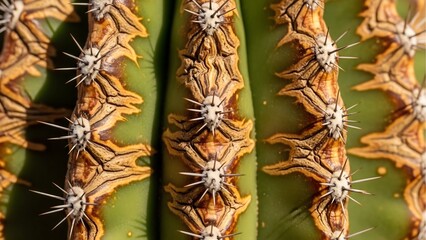 Close-up macro texture of a columnar cactus, showing the vertical green ribs, sharp spines, and weathered, cork-like areoles in detail.