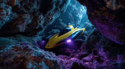 Modern yellow submarine exploring deep underwater cave with lights on