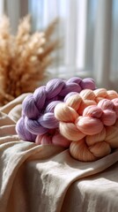 Braided pastel synthetic hair bundles on beige fabric in soft sunlight
