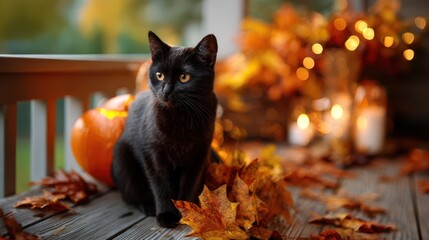 Black cat sitting among autumn leaves and pumpkins on Halloween porch