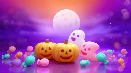Cute Halloween pumpkins and ghosts with pastel candies under full moon