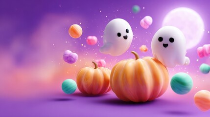 Cute Halloween ghosts and pumpkins with colorful candies on purple background