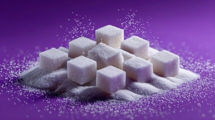 White sugar cubes stacked on granulated sugar with purple background