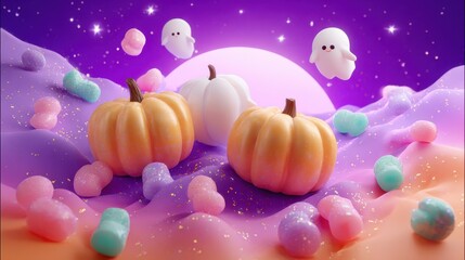 Cute Halloween scene with pastel pumpkins, candy, and smiling ghosts