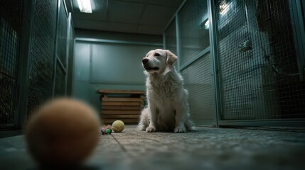 Golden Retriever sitting in kennel surrounded by toys at animal shelter