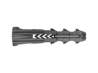 Black plastic wall anchor with chevron-shaped opening is isolated.