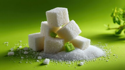 Stack of white and green sugar cubes on granulated sugar with green background