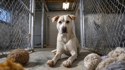 White Labrador mix lying in animal shelter kennel with toys