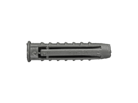 Gray plastic expansion anchor with size marking is isolated.