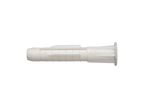 White plastic wall plug with straight ribbed body is isolated.