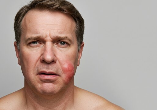 Caucasian man with a severely swollen cheek, demonstrating pain or infection for medical information and health awareness.