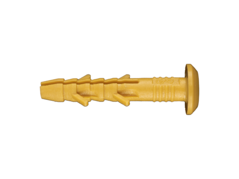 Yellow plastic wall anchor with locking ridges is isolated.