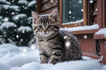 Adorable Kitten Snuggled in Winter Snowflakes on the Porch