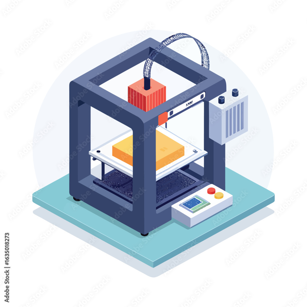 Poster isometric 3d printer creating object with digital data