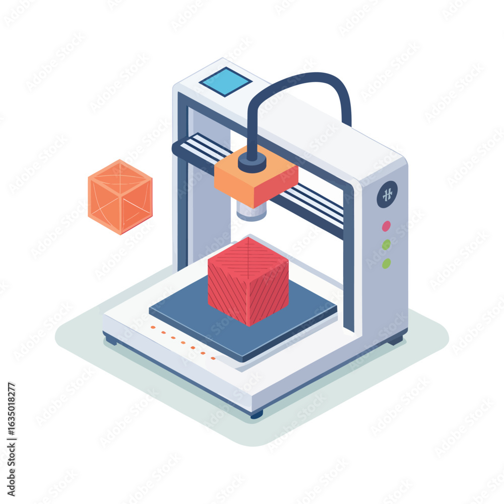 Poster 3 d printer creating a red cube on a platform 3d printing