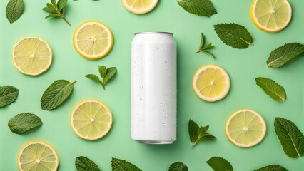 White soda can with lemon slices and fresh mint leaves on green background, a refreshing beverage presentation.