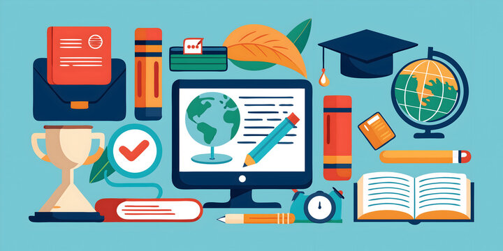Flat design vector illustration of educational items including books globe computer and graduation cap