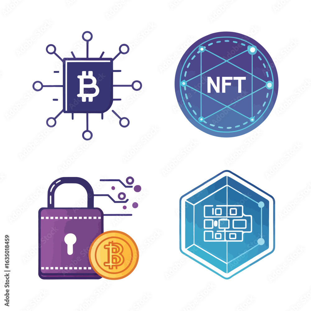 Poster bitcoin n f t security and blockchain technology icons