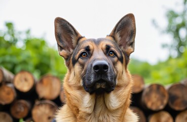 Fototapeta premium Close-up portrait of attentive German Shepherd dog with tan, black fur, gazing upwards. Animal has alert, focused eyes, stands outdoors with blurred background of stacked logs, green vegetation.