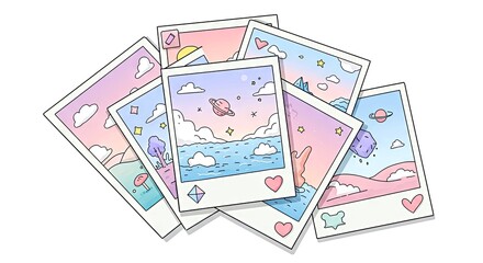 Colorful illustration of polaroid photos featuring dreamy landscapes  