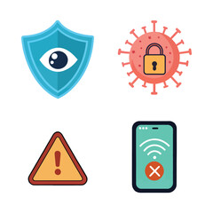 Covid virus security warning and phone alert icons