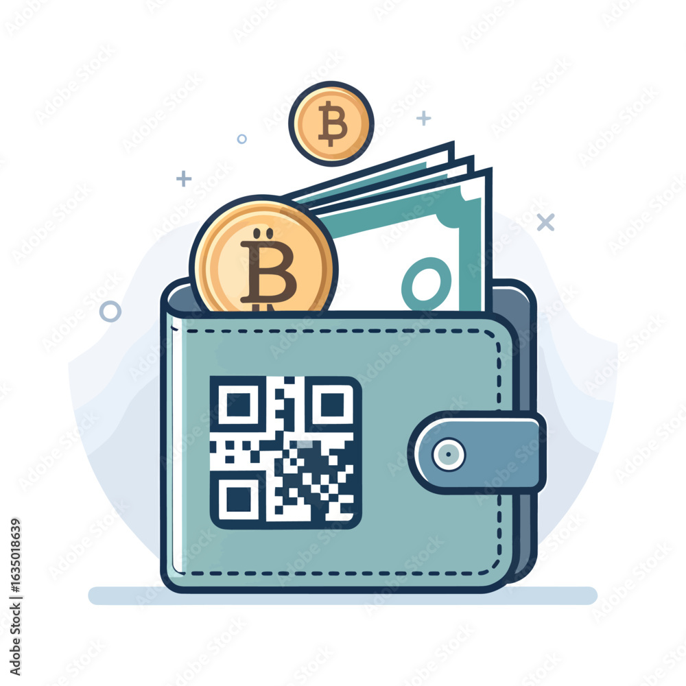 Poster digital wallet with bitcoin and qr code cryptocurrency