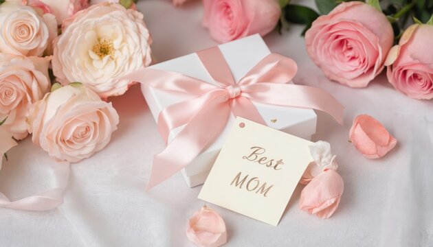 Elegant white gift box with pink ribbon bow and Best Mom card surrounded by soft pink roses. A beautiful, luxurious present for Mother Day celebration or any special occasion.