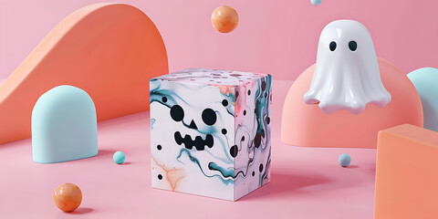 Surreal abstract scene with marble cube spheres and ghost on pastel pink backdrop
