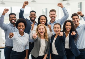 Obraz premium Diverse business team celebrating success, pointing at the camera with joy