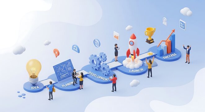 Isometric illustration of startup journey from idea to successful business with rocket ship and team members