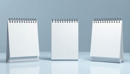 Set of three blank white desk calendars with spiral binding. Realistic 3d mockups show vertical, square planners from different angles on clean blue background. Perfect for custom design, branding.