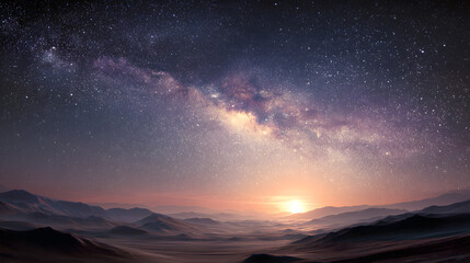 Desert Night Landscape with Bright Galaxy and Glowing Celestial Body