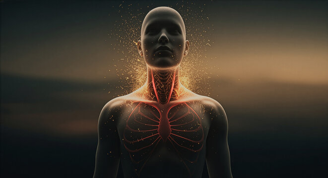 Abstract human figure with glowing inner anatomy and radiating energy, science and spirituality concept