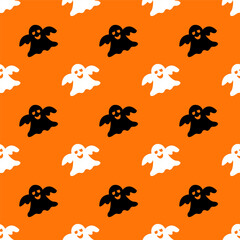 Halloween black and white ghosts seamless pattern design on the orange coloured background. EPS 10 vector wallpaper.