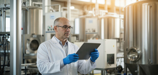 Quality control specialist uses tablet in manufacturing plant. Man in lab coat, gloves inspects machinery, monitors processes for food, pharma industry. Digital tech ensures precision, compliance,