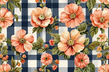Whimsical Vintage Floral Peach Petal Checkered Backdrop Design