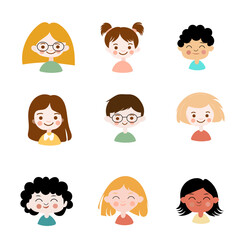 Flat vector portrait of diverse children, smiling faces, clean lines, minimal details, flat vector , kid avatar isolated