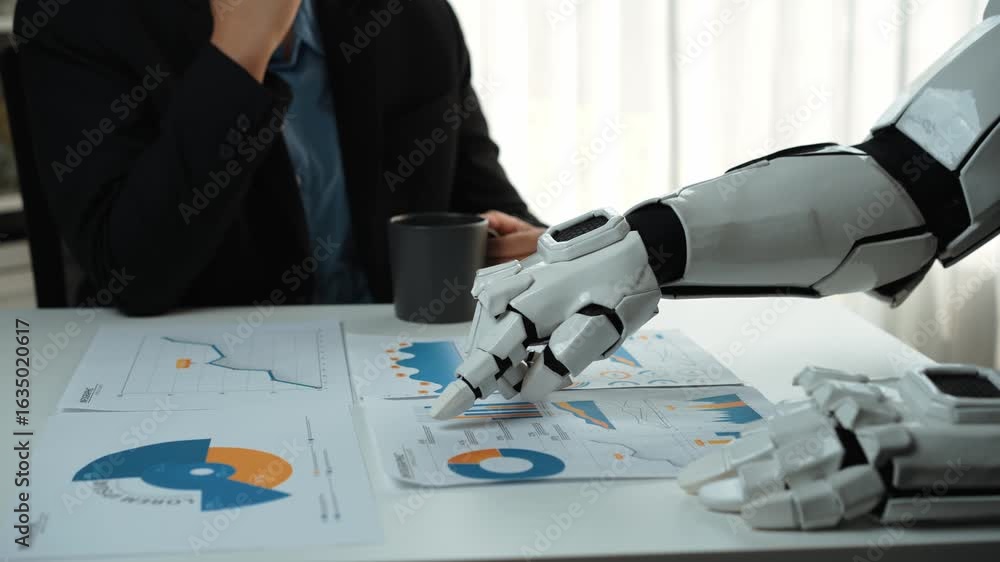 Poster business experts working with ai-powered assistants to analyze financial data and optimize decision-