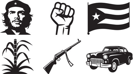 Cuban Revolution Icons Featuring Che Guevara, Fist, Flag, Sugarcane, Rifle, and Classic Car