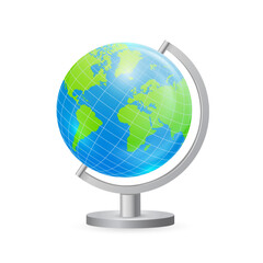 World globe on silver stand, showing continents and oceans. Blue navigation globus. Vector illustration