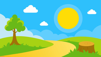 Sunny day landscape with tree and path