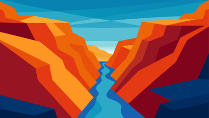 Geometric canyon with winding river and blue sky