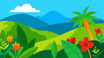 Obraz premium Vibrant tropical landscape with palm tree and flowers